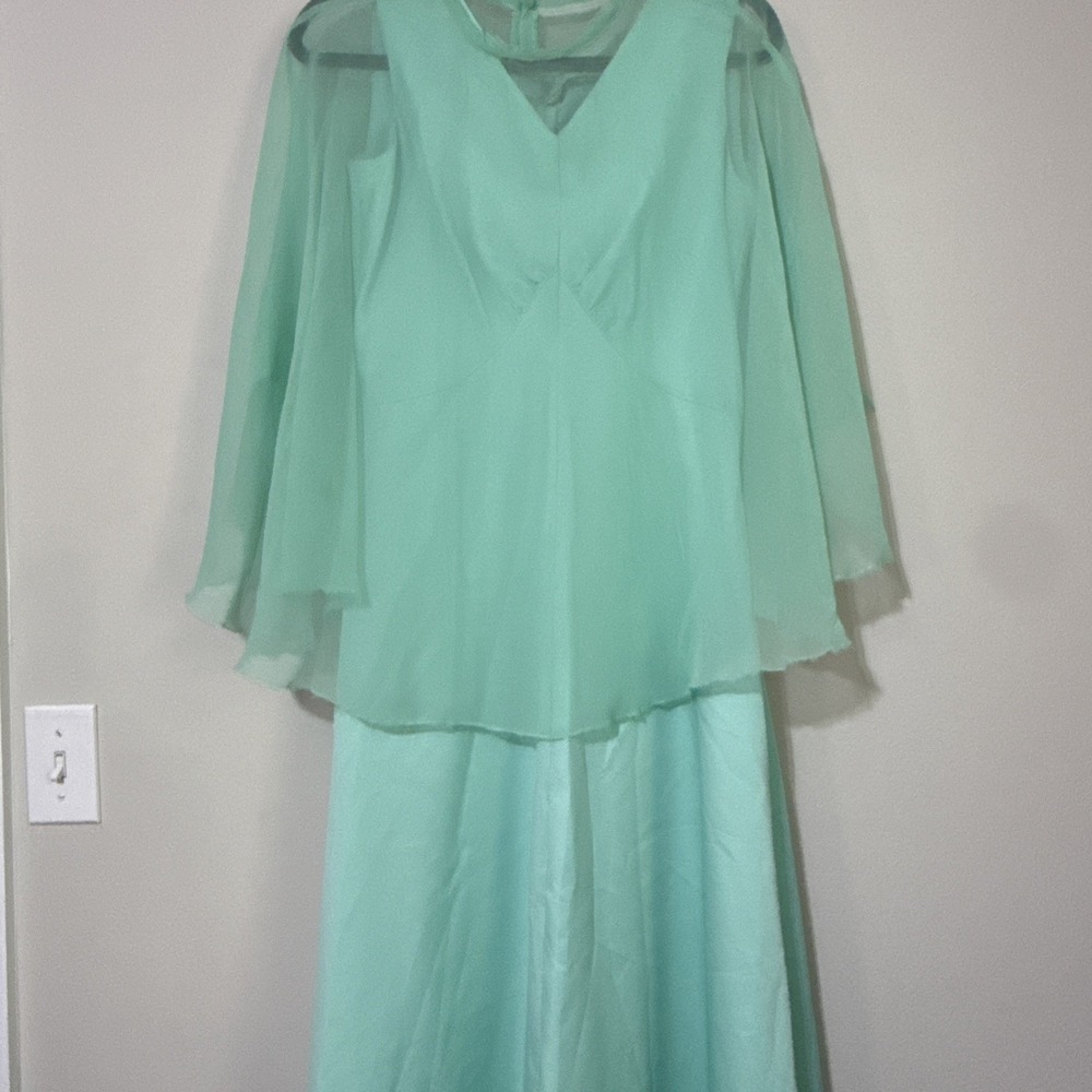 Vtg 60s Dress Empire Waist Gown M Sleeveless Chiffon Maxi Hostess‎ Cape Handmade